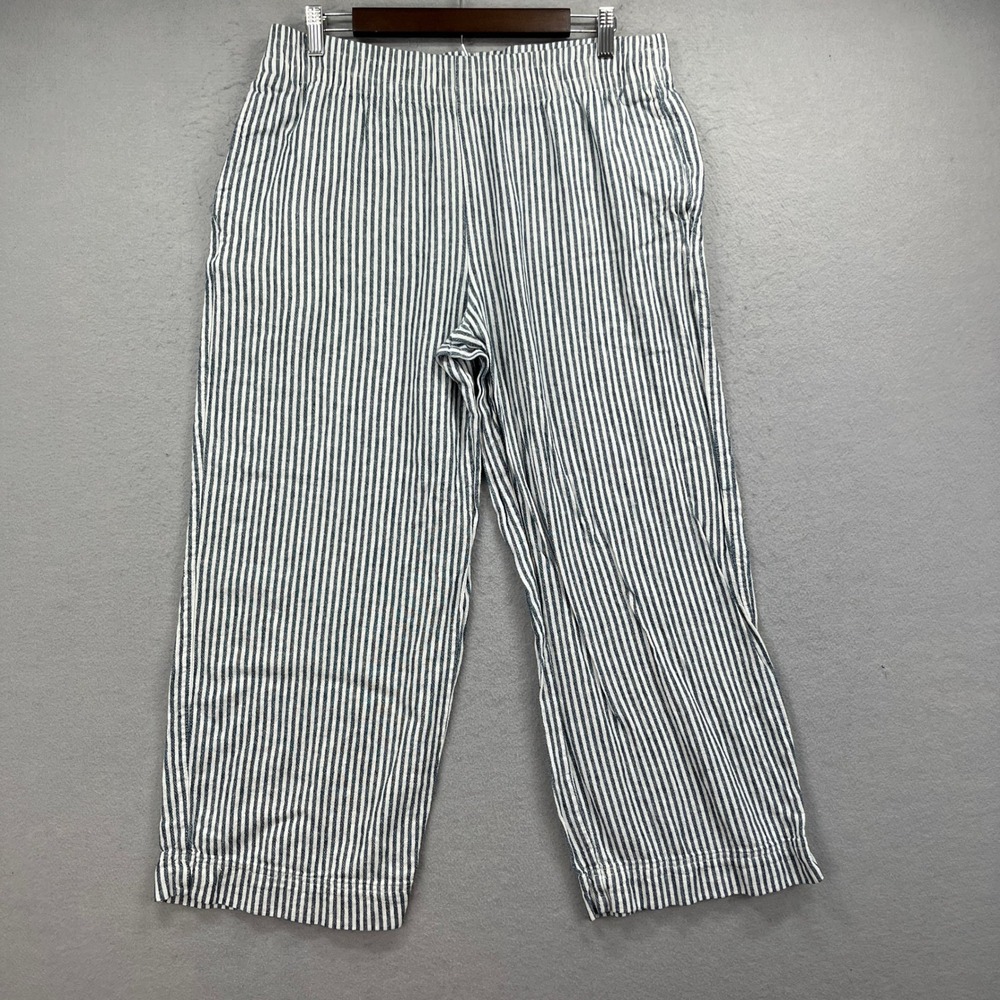 Old Navy Striped Wide Baggy Pants Womens Large Blue White Linen Blend High Rise